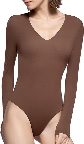 PUMIEY Bodysuits for women V Neck Long Sleeve Body Suit Sexy Tops Smoke Cloud Pro Collection | Amazon (US)