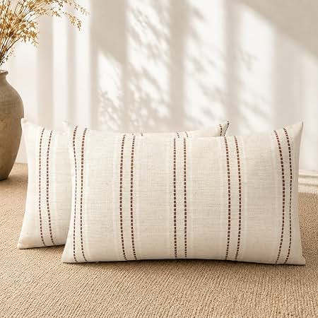 Amazon.com: AELS 12x20 Decorative Farmhouse Linen Blend Throw Pillow Covers, Boho Textured Pillow Case, Set of 2, Beige with White & Rust Stitch Yarn Dyed Stripe Cushion Cover for Sofa Living Room (Cover ONLY) | Amazon (US)