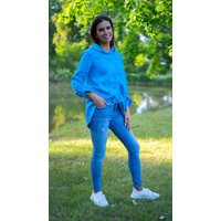 Blue Linen Hoodie For Women | Casual Long Sleeve Top Handmade Hooded Blouse | Etsy (US)