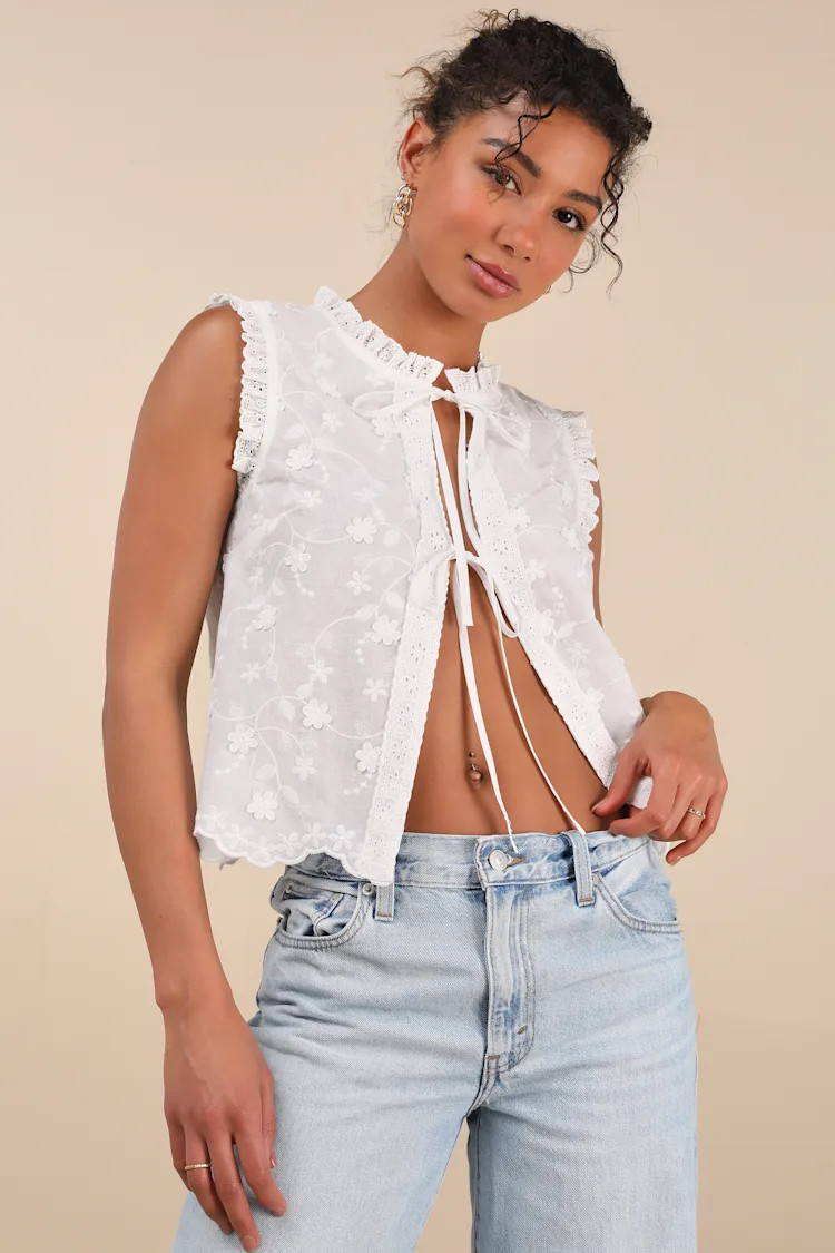 Jenske White Embroidered Ruffled Tie-Front Sleeveless Top | Lulus