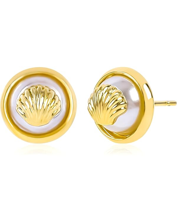Gold Shell Pearl Stud Earrings for Women 14K Gold Plated Pearl Seashell Earrings Dainty Gold Halo... | Amazon (US)
