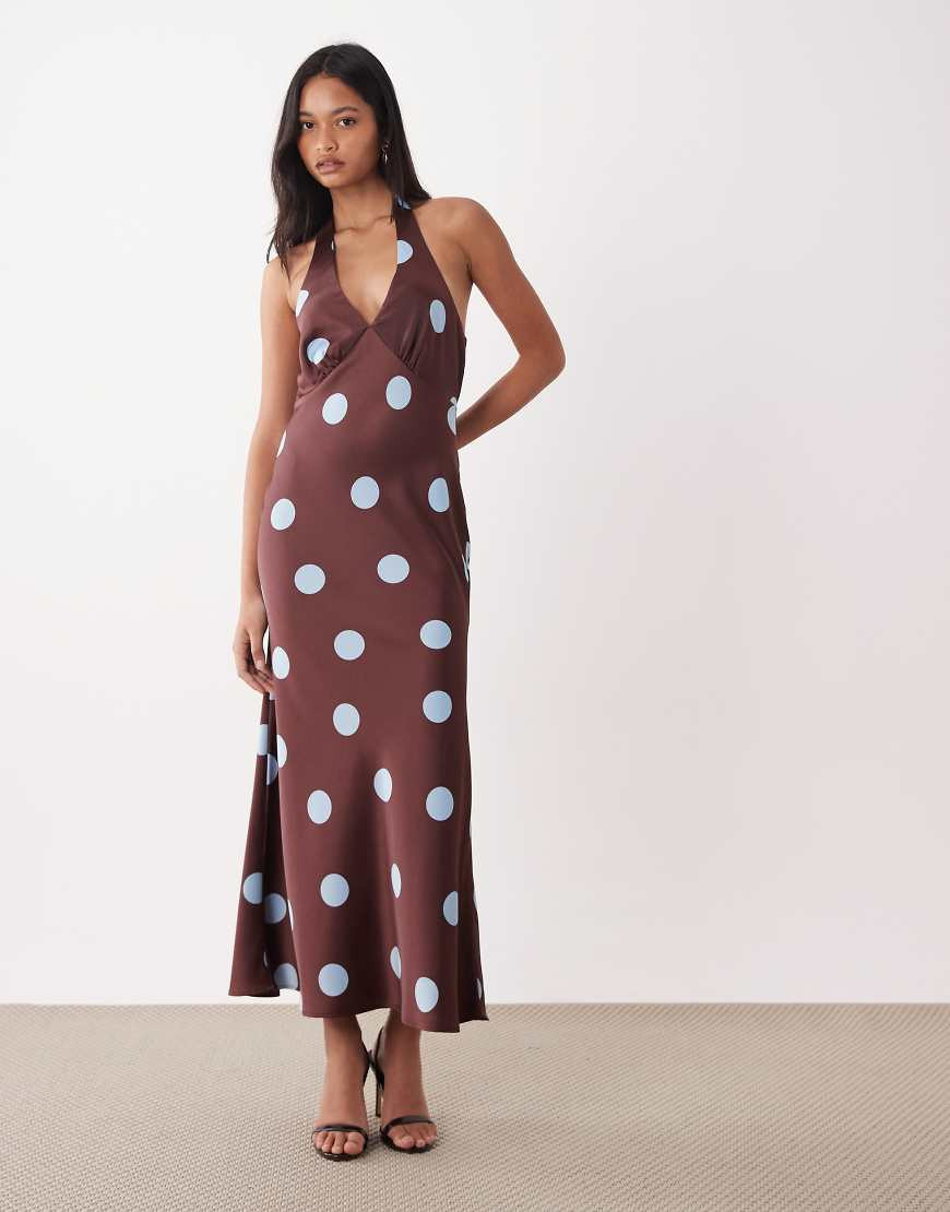 Nobody's Child Cali satin occasion hatlerneck maxi dress in brown polka dot | ASOS (Global)
