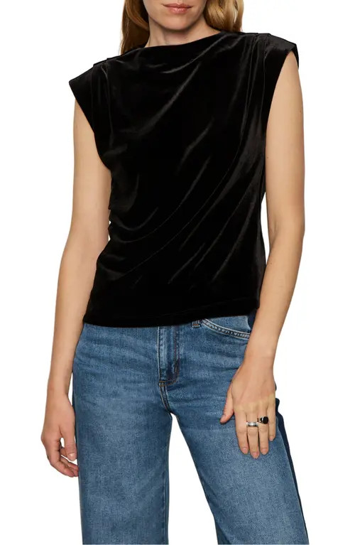 Sanctuary Pleated Sleeve Side Ruched Velvet Top in Black at Nordstrom, Size Large | Nordstrom