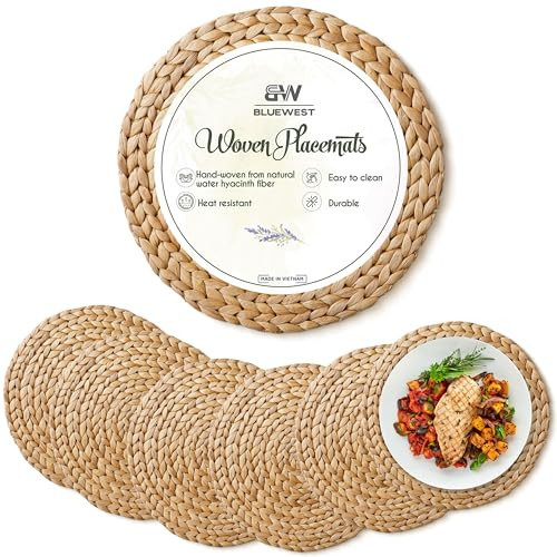 BLUEWEST Woven Round Rattan Placemats, Heat Resistant/Anti-Slip for Dinner Plate (13'', Set 6) | Amazon (US)