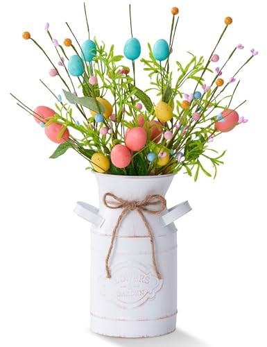KIVIVO Spring Easter Centerpieces for Tables, Table Decor with Pastel Easter Eggs and Berries, White Vintage Metal Vase, Spring table centerpieces, 5 Pcs Easter Decorations indoor for Home Office | Amazon (US)
