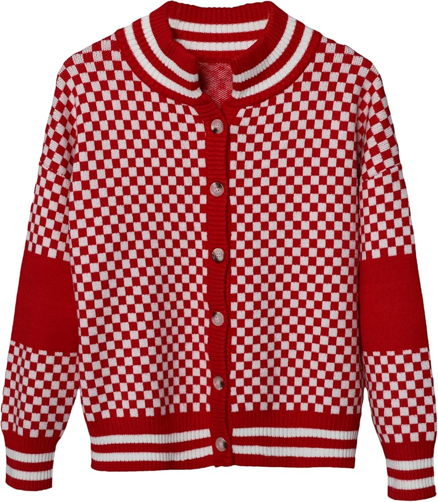 Springrain Womens Checkered Cardigan Color Block Sweater Jackets Long Sleeve Button Knit Plaid Co... | Amazon (US)