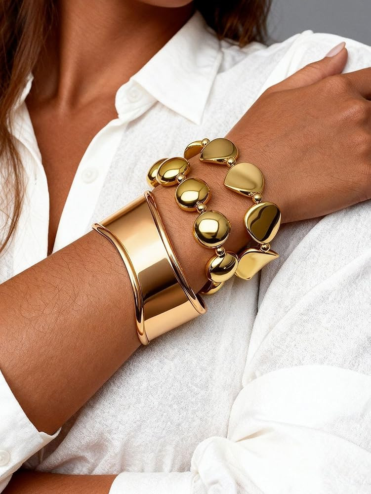 Amazon.com: 3 Pcs Gold Statement Bracelet Set for Women, Chunky Metal Cuff & Beaded Bracelets, Bo... | Amazon (US)
