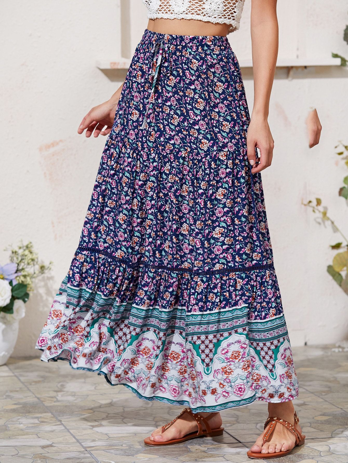 Floral Drawstring Waist A-line Skirt | SHEIN