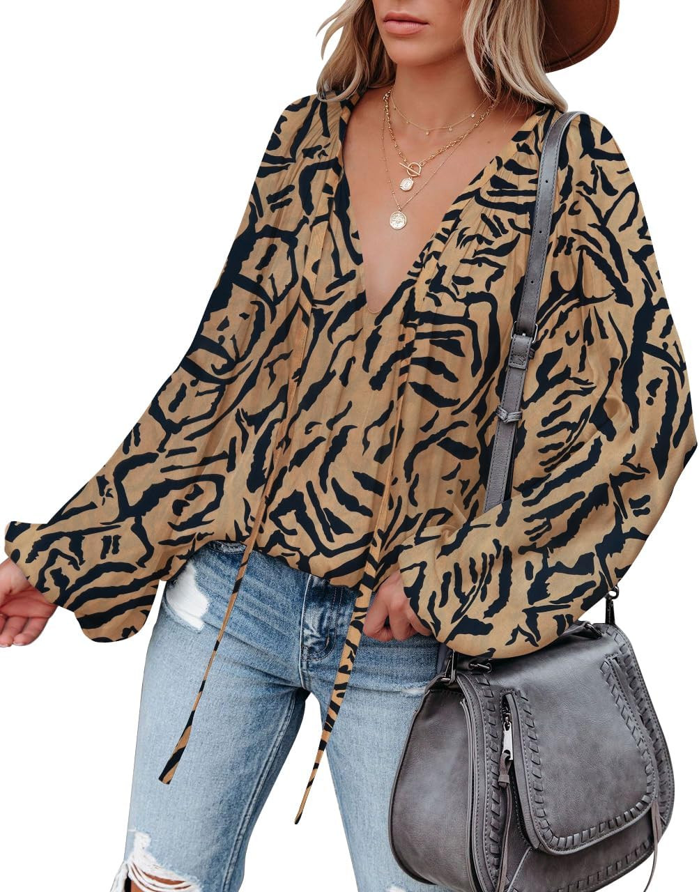 LAMISSCHE Womens Sexy Deep V Neck Blouse Bell Long Sleeve Satin Flowy Tops | Amazon (US)