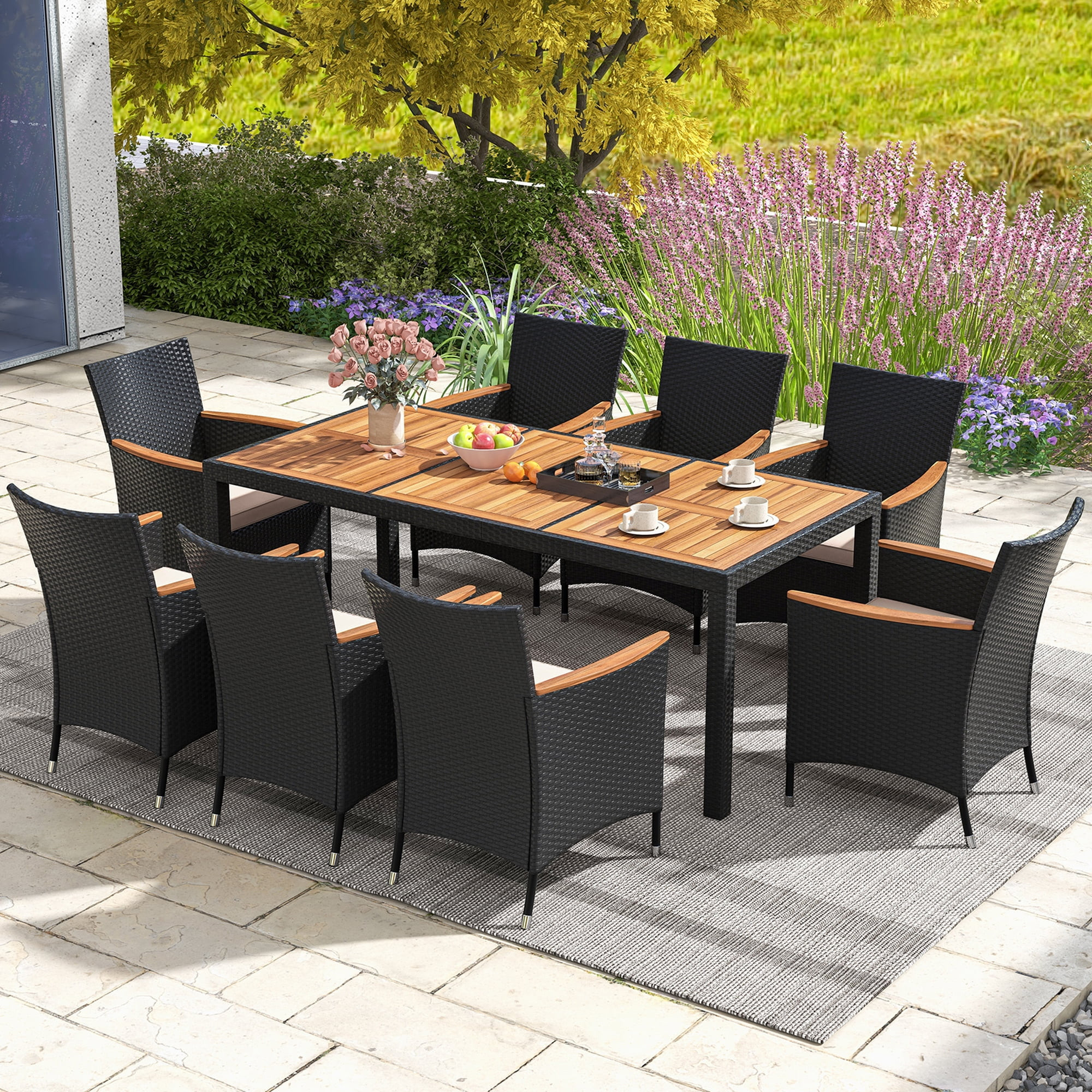 Costway 9 PCS Outdoor Dining Set with Acacia Wood Tabletop, Umbrella Hole, Seat Cushions | Walmart (US)