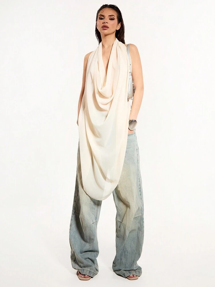 MUSERA Going Out Top Chiffon Extreme Halter Neck Draped Backless Top Sexy Summer Ibiza Spring Vacation Going Out Tops | SHEIN
