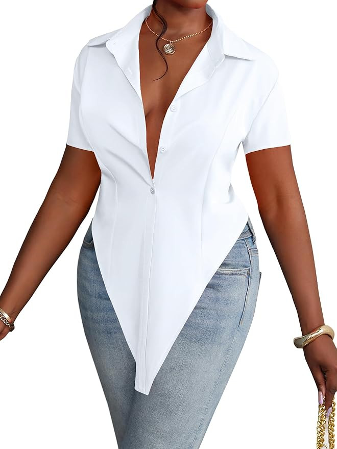 LYANER Women's Collar V Neck Button Front Short Sleeve Slit Hem Long Shirt Blouse Top | Amazon (US)