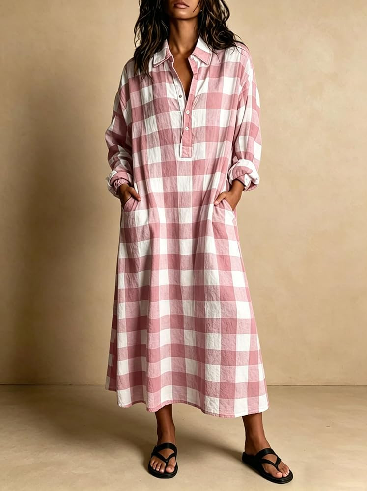chouyatou Women's Long Sleeve Plaid Shirt Dress Button Up Polo Collar Gingham Maxi Tunic Shift Dr... | Amazon (US)