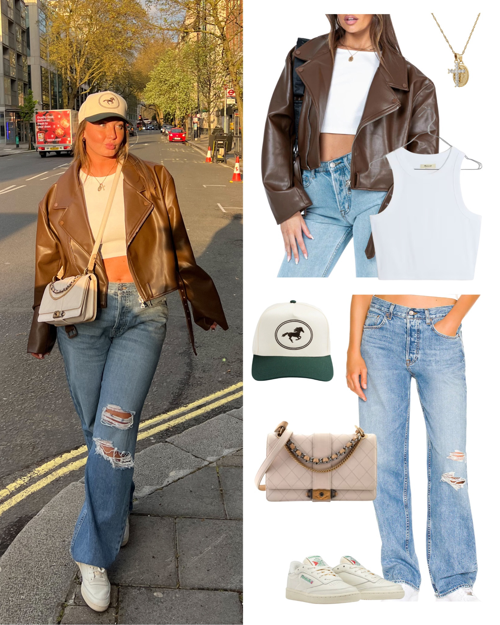 London day 1! Perfect comfy travel outfit.

GRLFRND low rise denim jeans - US 32 (size up 2 sizes for this brand)
brown leather jacket- US 10
Princess Polly white tank - US 8
Reebok Vintage C club sneakers - TTS

Chanel chain flap shoulder bag, Dairy Boy trucker hat, VibeSzn jewelry

#LTKSeasonal #LTKFind #LTKtravel