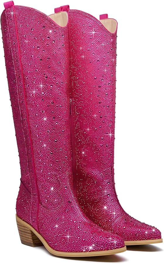 Women's Rhinestone Knee High Cowboy Boots Over the Knee Cowgirl Tall boots Pointed Toe Low Chunky... | Amazon (US)
