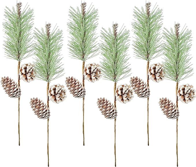 AuldHome Pine Cone Picks (6-Pack); Frosted Evergreen Christmas Decor Floral Stems for Wreaths, Va... | Amazon (US)