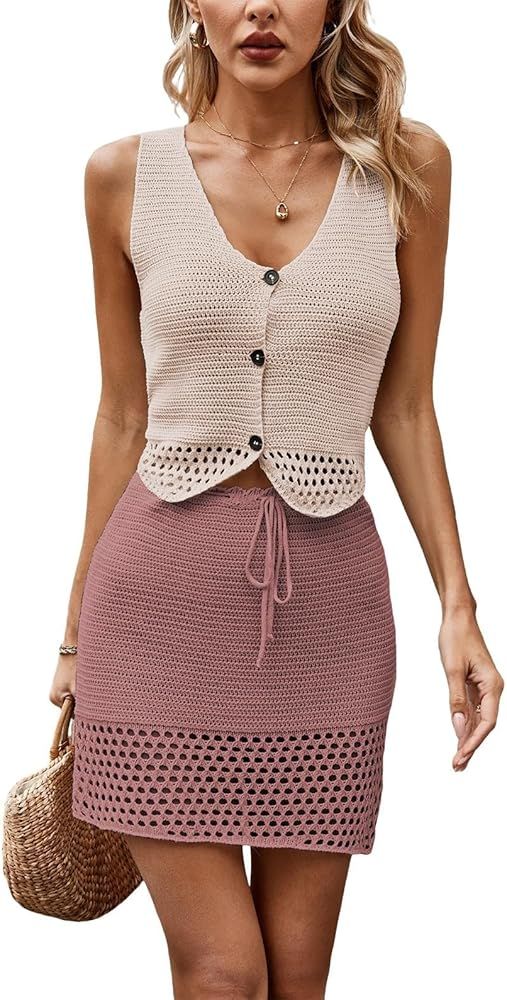 HANMAX Womens Summer 2 Piece Sets Crochet Knit Vest Top and Bodycon Mini Skirt Dress Sweater Outf... | Amazon (US)