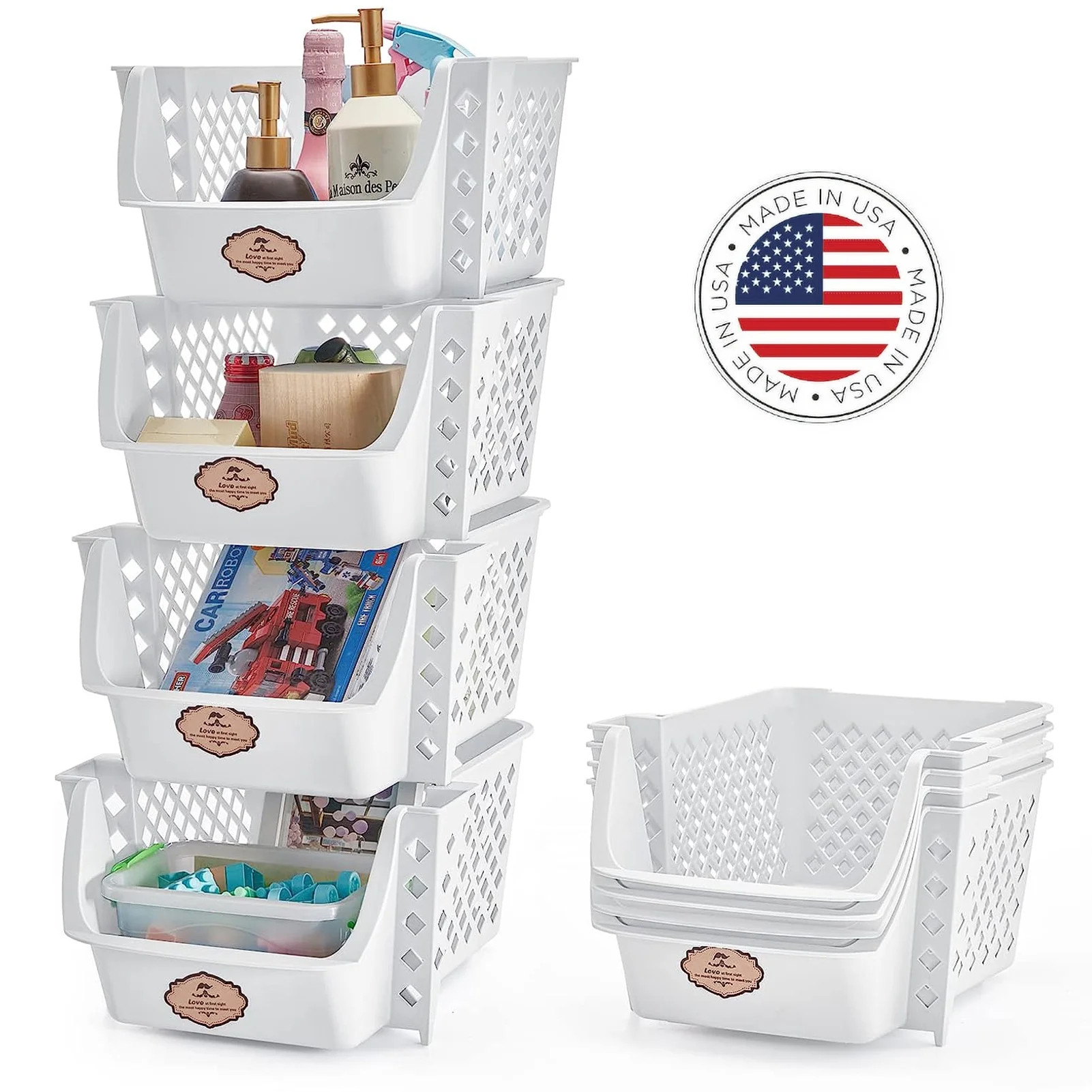 HOUSE DAY White Stackable Storage Bins Set of 4, Plastic Storage Baskets for Kitchen Storage and ... | Walmart (US)