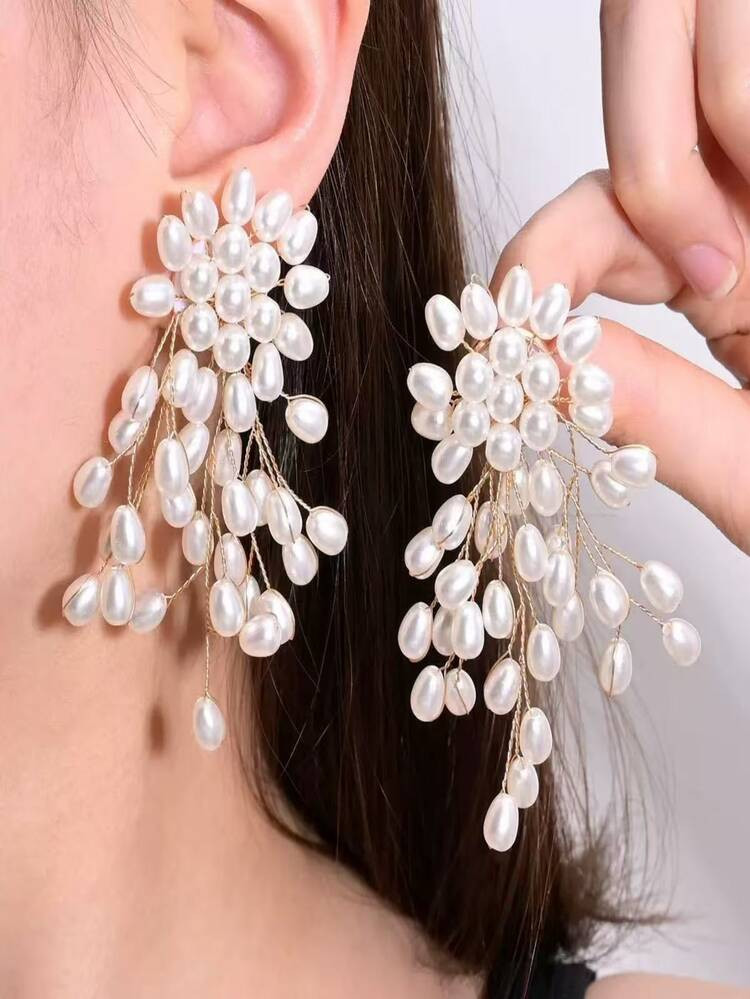1 Pair Faux Pearl Waterfall Woven Floral Tassel Earrings, Fashionable Versatile Earrings Suitable... | SHEIN