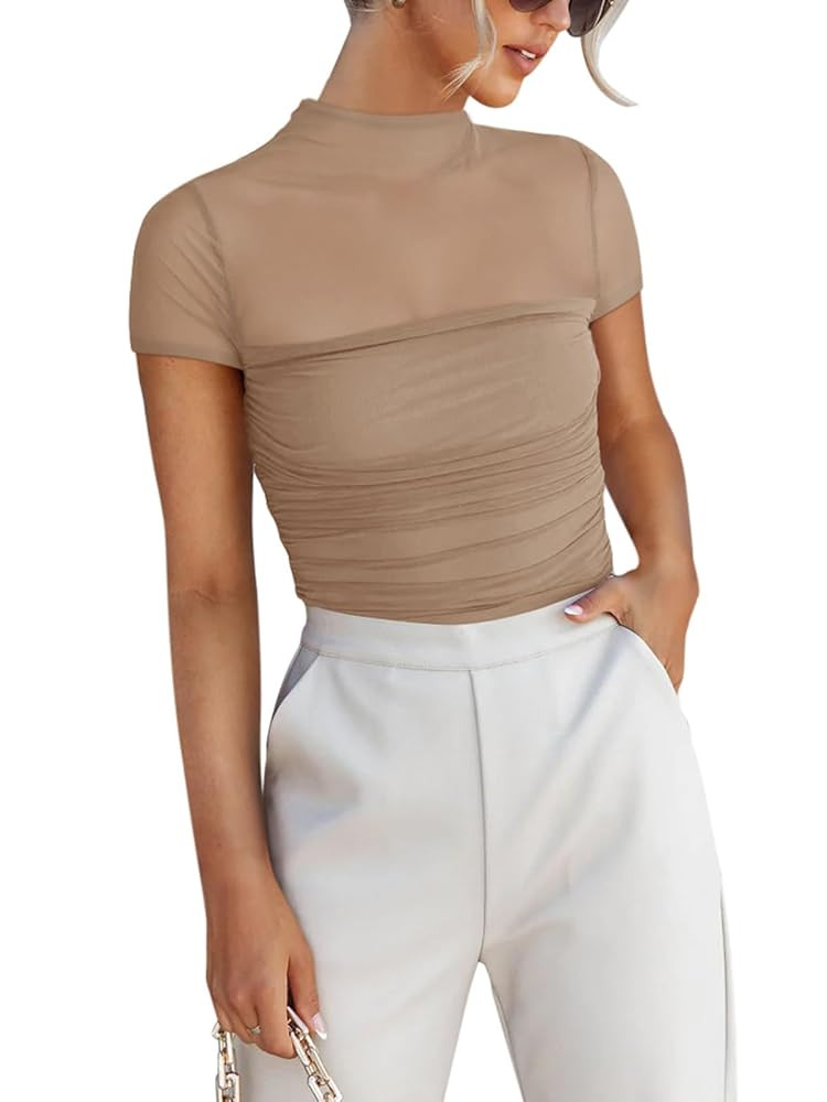 REORIA Women's Sexy Mock Turtle Neck Short Sleeve Shirts Sheer Mesh Ruched Trendy Going Out Bodys... | Amazon (US)