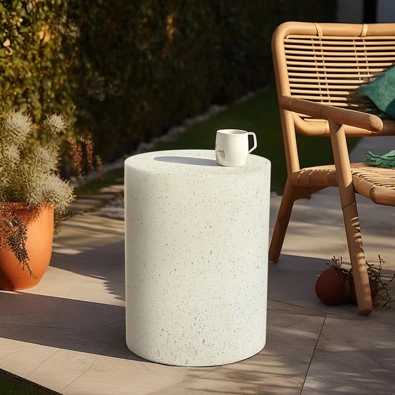 Evas White and Gray Stylish Speckles Cement Round Side Table, Indoors & Outdoors Patio Table | Wayfair North America