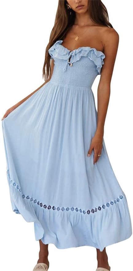 SAUKOLE Womens Summer Square Neck Sleeveless Dress Solid Ruffle A Line Beach Boho Long Maxi Dress... | Amazon (US)