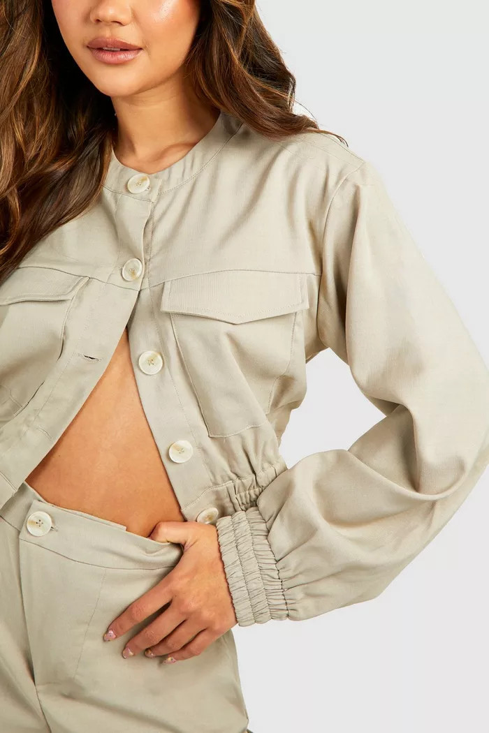 Linen Look Pocket Detail Bomber Jacket | boohoo (US & Canada)