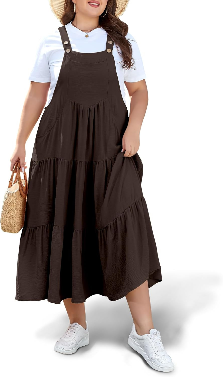 Moon Wood Plus Size Overall Dress for Women Summer Casual Maxi Dresses Jumper Dresses with Pockets Adjustable Straps | Amazon (US)