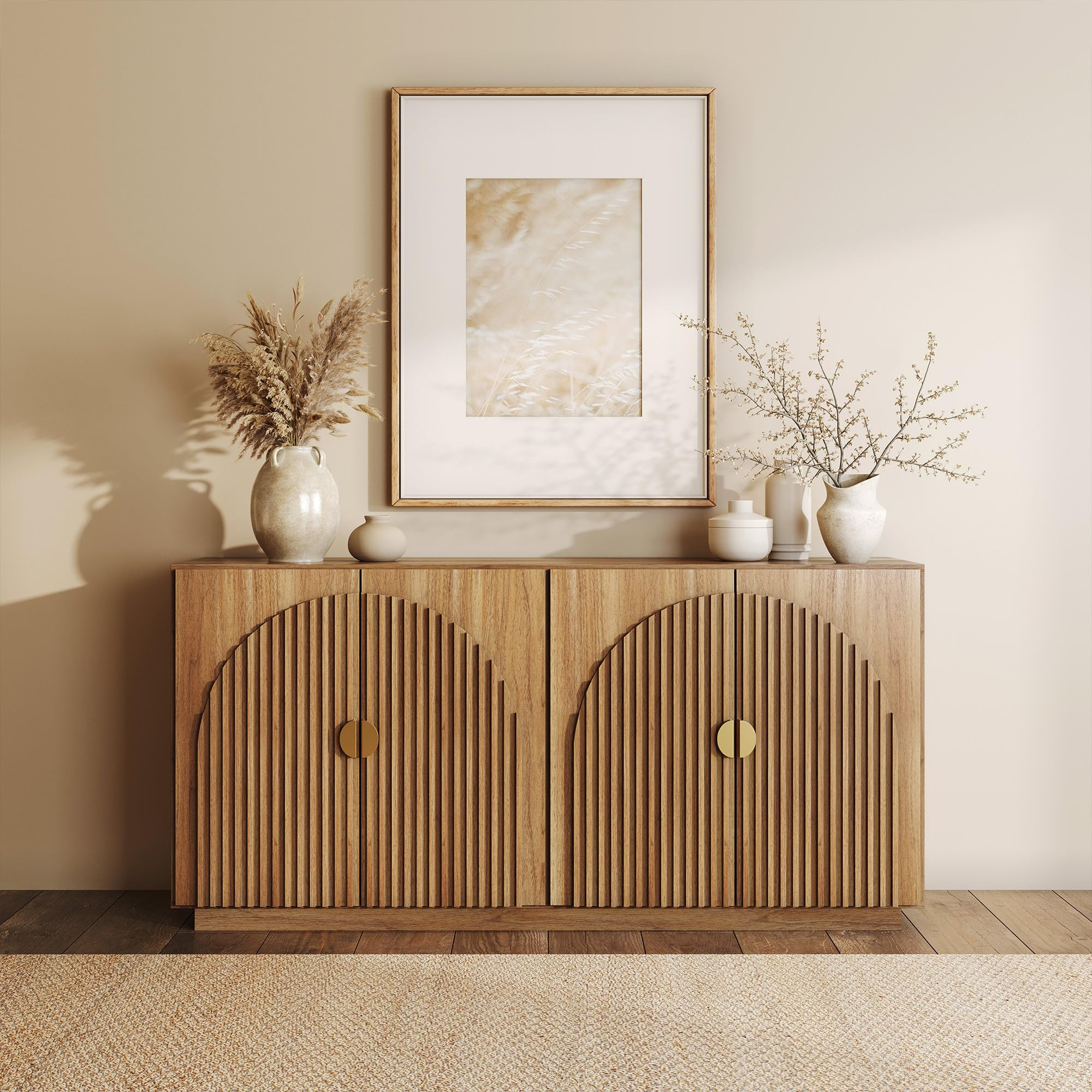 BELLEZE 65 Inch Fluted Buffet Cabinet with Storage, Symmetrical Arc Accent Sideboard Large Consol... | Amazon (US)