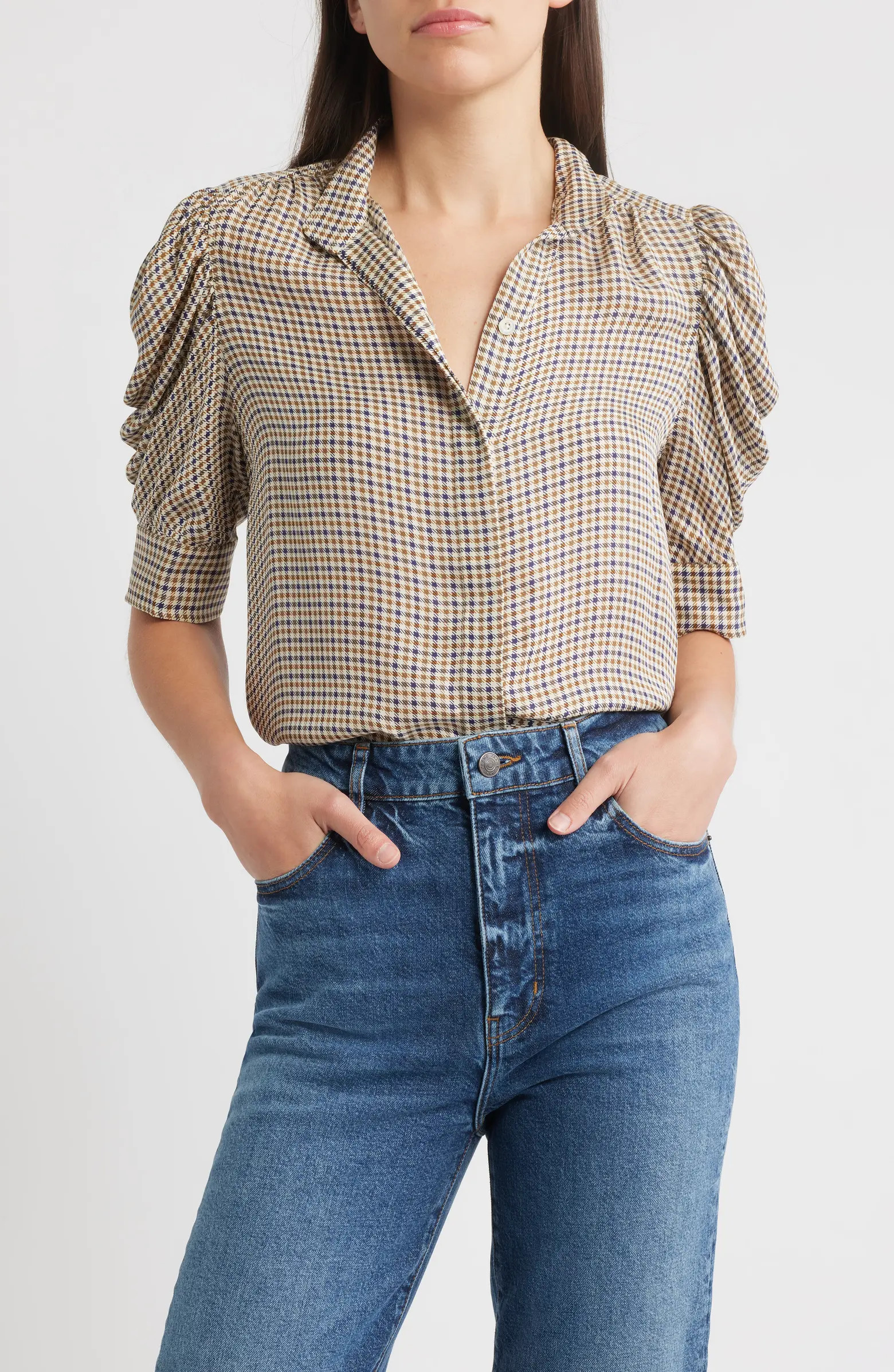 FRAME The Houndstooth Gillian Puff Sleeve Silk Top | Nordstrom | Nordstrom