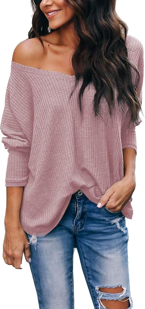 Albe Rita Women's Casual V-Neck Off Shoulder Batwing Sleeve Pullover Tops | Amazon (US)