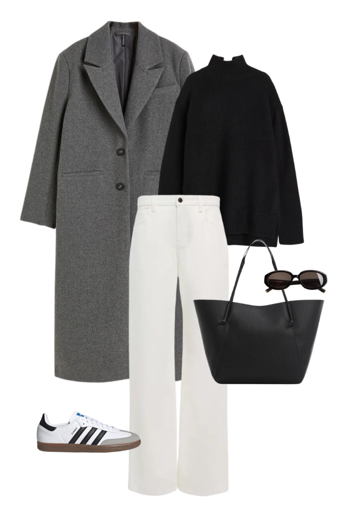 Neutral outfit inspo for the office - white trousers, black turtleneck sweater, grey coat, black shopper bag from Mango, ted baker sunnies & the classic adidas sambas

#LTKitbag #LTKstyletip #LTKworkwear