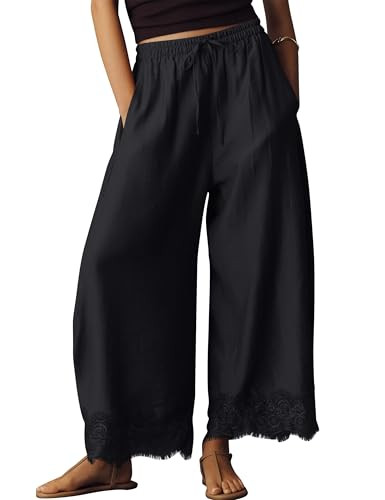 Anoumcy Lace Trim Wide Leg Pants for Women 2026 Spring Summer Cropped Lightweight Casual Pants Black S | Amazon (US)