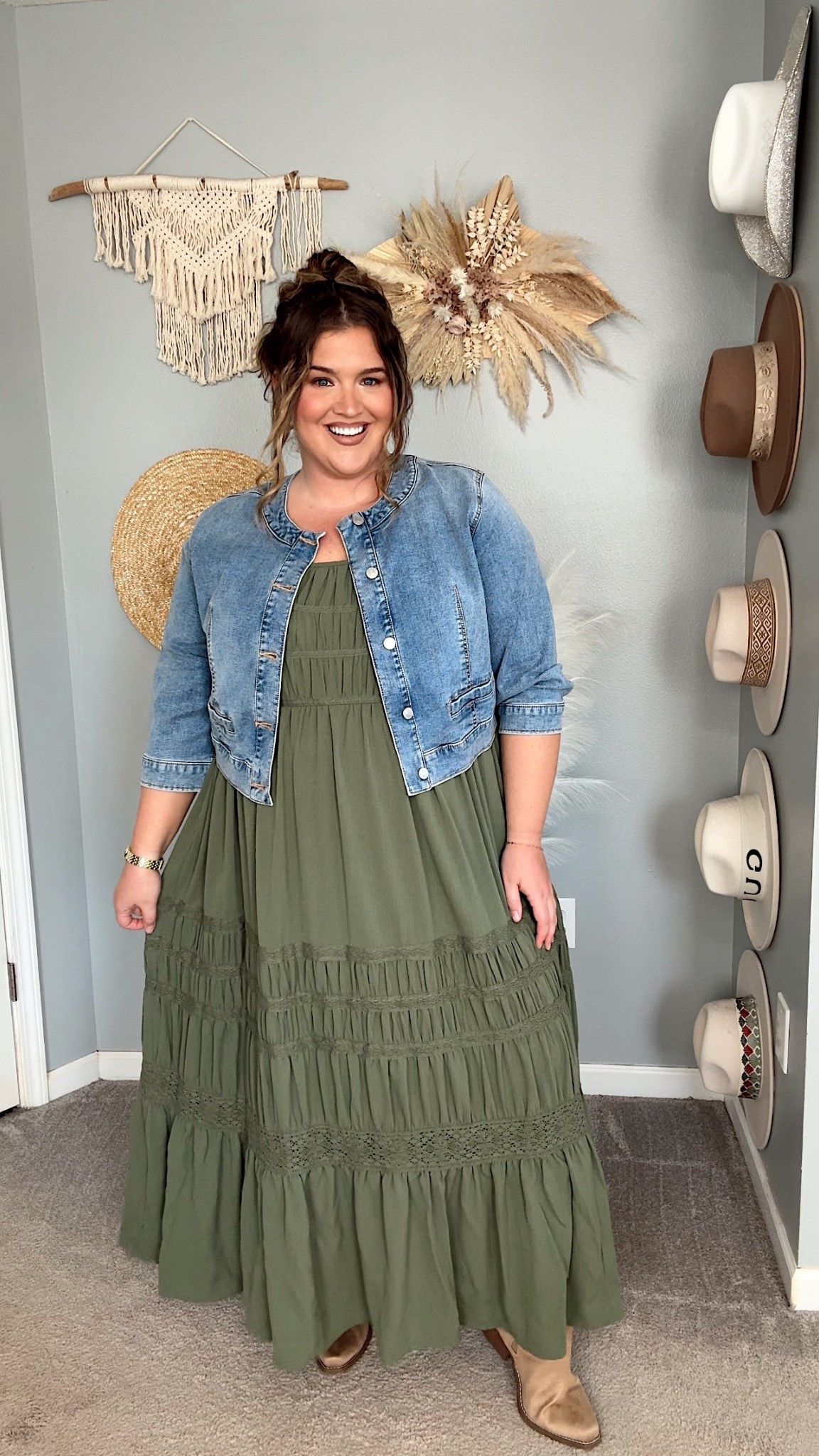 How cute is this green maxi + denim jacket combo?! 😍🌿 The lace details in the dress and collarless jean jacket is the perfect everyday outfit to transition for Fall. Great option for Fall festival or pumpkin patch! Wearing a size 2 (18/20) 
Boots are wide width and wide calf! 

#LTKPlusSize #LTKStyleTip #LTKShoeCrush