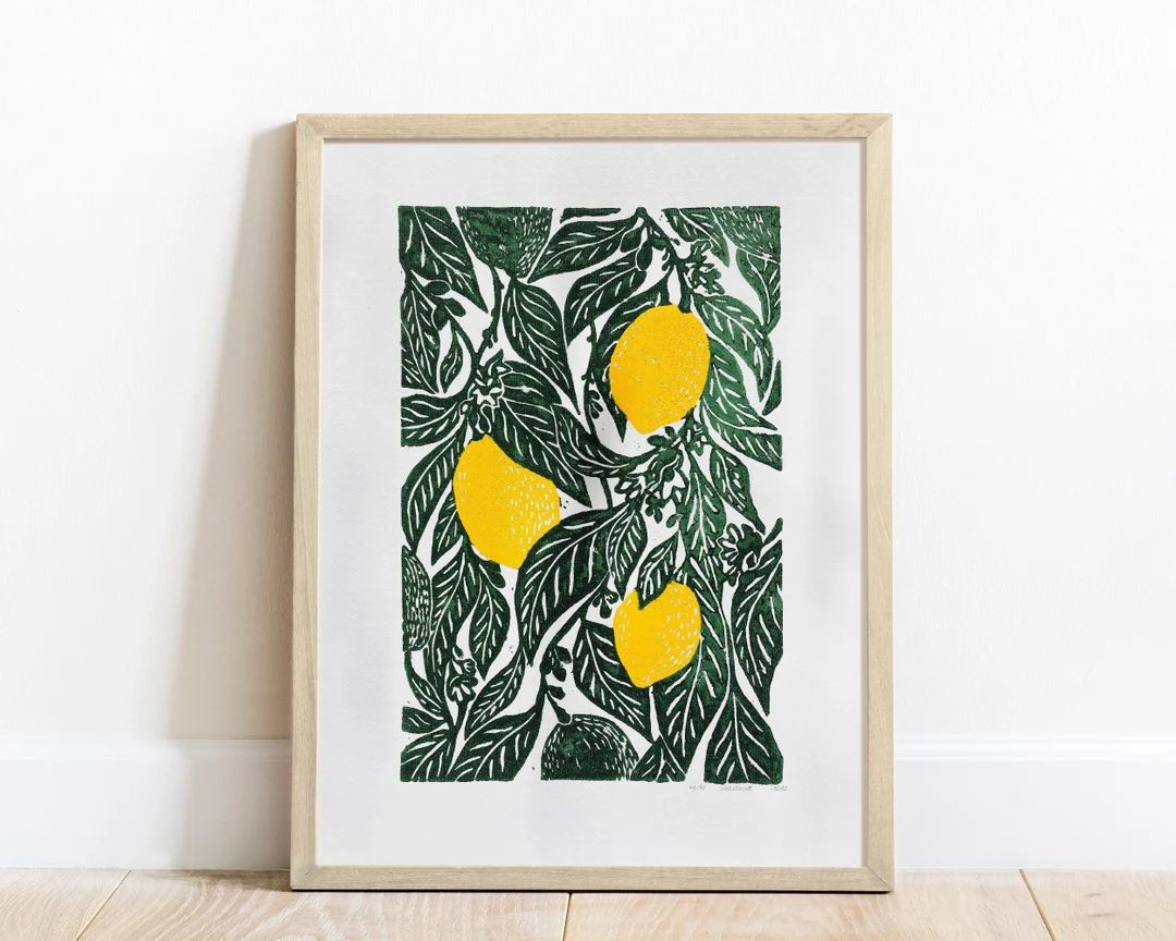 Lemon Art Original Linocut Print Botanical Kitchen Wall Decor Linogravure - Etsy | Etsy (US)