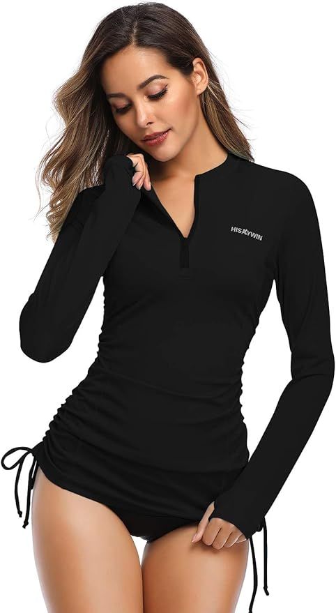 HISKYWIN Women's Long Sleeve UV Sun Protection Rash Guard Side Adjustable Wetsuit Swimsuit Top | Amazon (US)