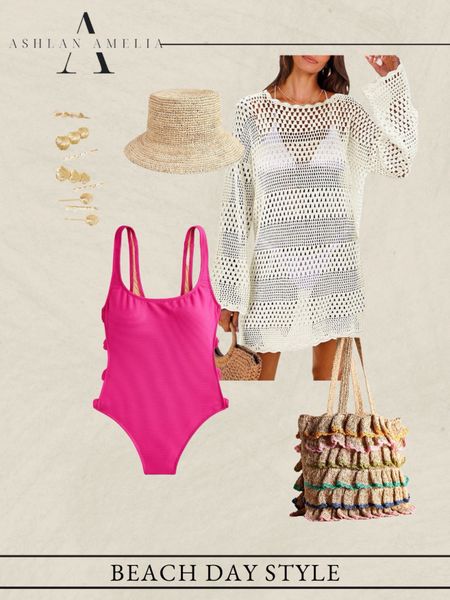 pink swimsuit, one piece swimsuit, swim coverup, pool bag, tote bag, sun hat, straw hat, gold jewelry, summer outfit, pool outfit, cruise outfit, beach outfit, vacation outfit 

#LTKSeasonal #LTKFindsUnder100 #LTKSwim