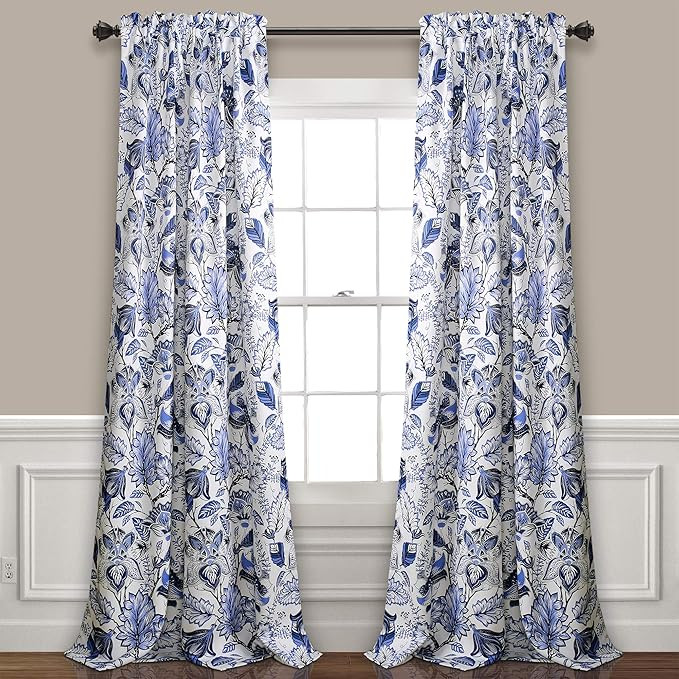 Lush Decor Cynthia Jacobean Room Darkening Window Panel Curtain Set (Pair), 84" L, Blue, 2 Count | Amazon (US)