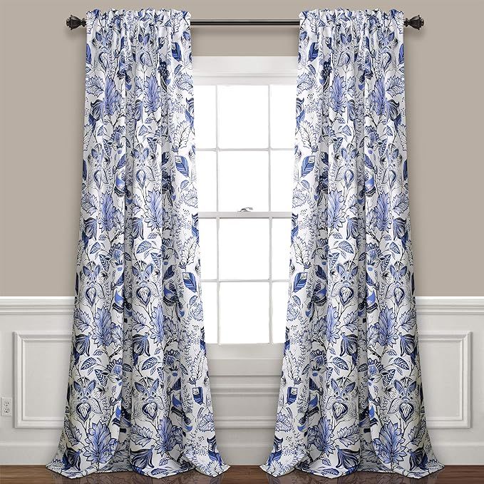 Lush Decor Cynthia Jacobean Room Darkening Window Panel Curtain Set (Pair), 84" L, Blue, 2 Count | Amazon (US)