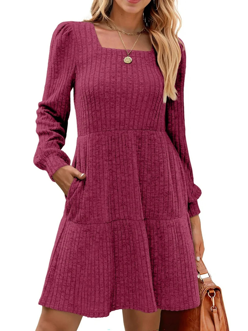 Fantaslook Fall Dresses for Women Square Neck Long Sleeve Dresses Casual Babydoll Sweater Dress | Walmart (US)