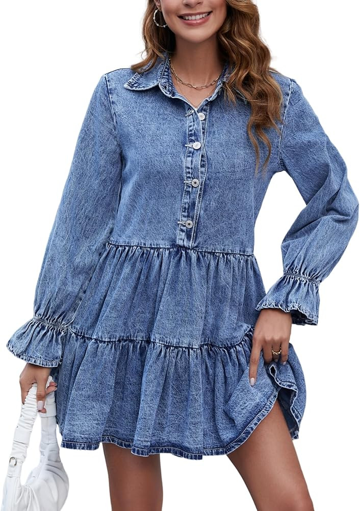 Kedera Long Sleeve Denim Dress Button Down Tiered Babydoll Dress Summer Jean Dress | Amazon (US)