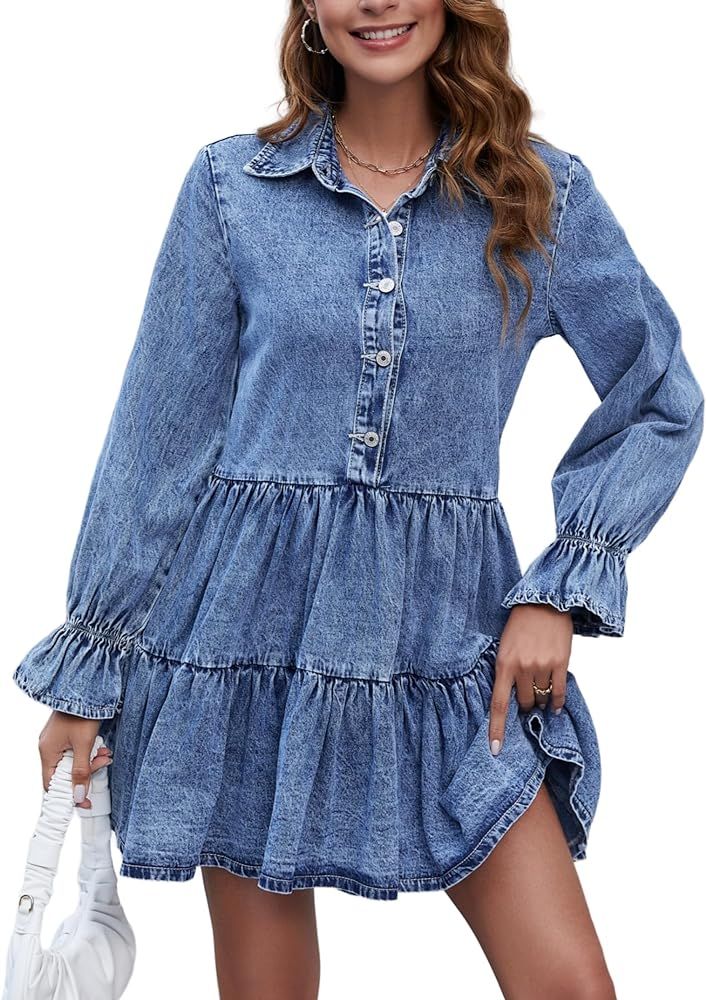 Kedera Long Sleeve Denim Dress Button Down Tiered Babydoll Dress Summer Jean Dress | Amazon (US)
