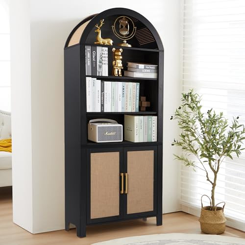 71" Tall Arched Cabinet with Storage, Modern Farmhouse 6-Tier Arched Bookcase with Door, Boho Arched Pantry Cabinet with Open Display Storage Shelf for Office Kitchen (Black, 71inch 1 Pieces) | Amazon (US)