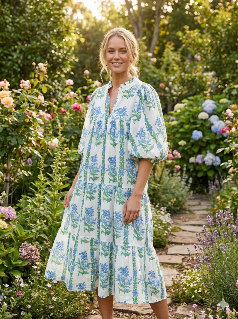 Indian Cotton Green-white Floral Plant Block Printed Women's Maxi Dress - Frill Collar With Belt ... | Etsy (Global)
