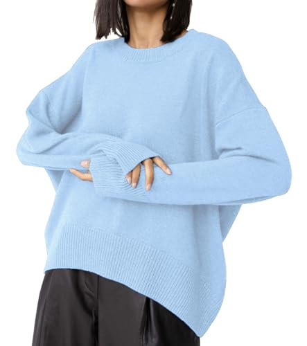 Ckikiou Oversized Crewneck Cute Slouchy High Low Sweater for Women Fall Winter Casual Long Sleeve Soft Knitted Pullover Top Light Blue | Amazon (US)