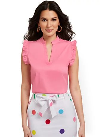 NY & Co Women's Ruffle-Sleeve Poplin Top Prism Pink Size 2X-Large Spandex/Polyester/Cotton | New York & Company