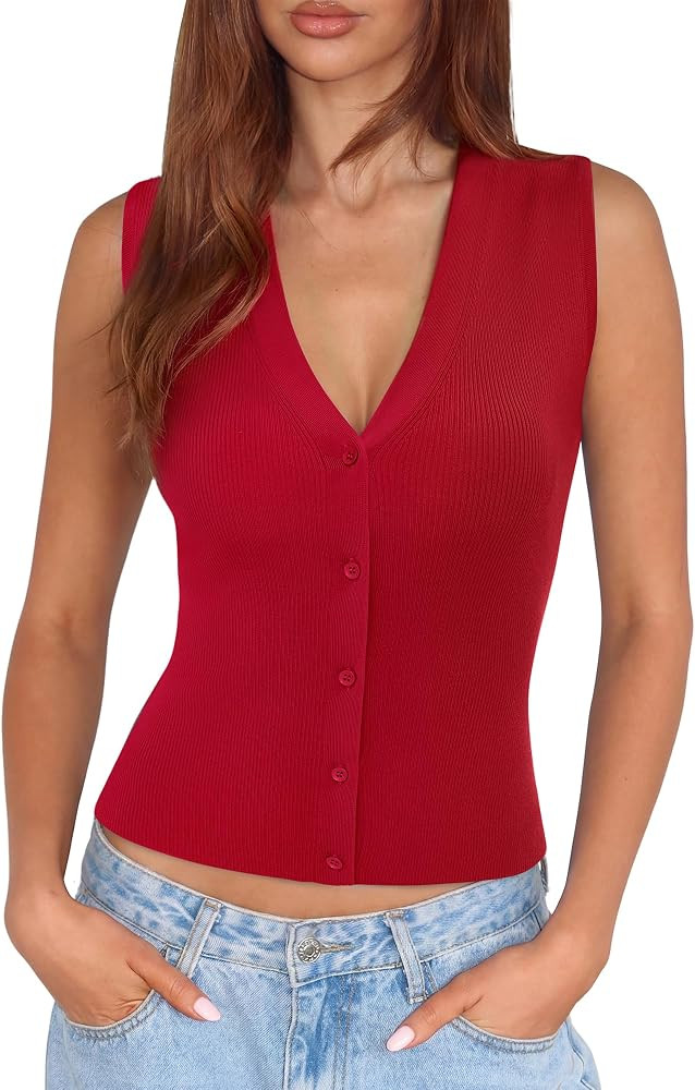 SUUKSESS Women Sleeveless Sweater Tops Summer V Neck Button Down Vest Tops Business Casual Work S... | Amazon (US)