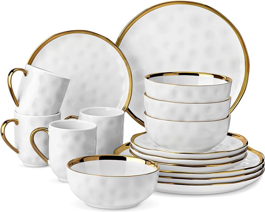 LOVECASA White and Gold Dinnerware Sets, Stoneware Dish Set for 4, 16 Piece Kitchen Plates and Bo... | Amazon (US)