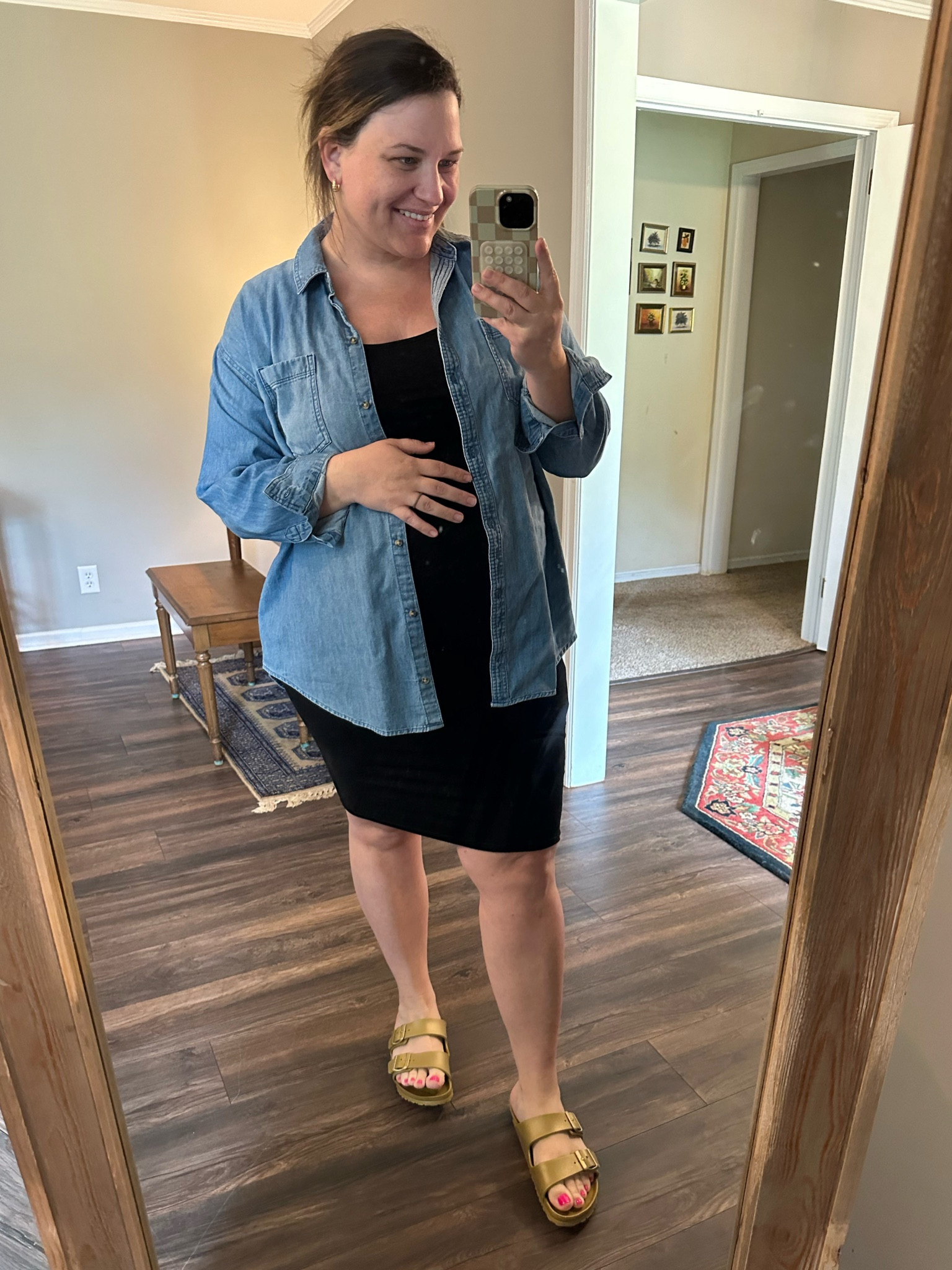 Maternity style bodycon dress 
Black dress denim shirt
Birkenstock sandals 

#LTKmidsize #LTKstyletip #LTKbump