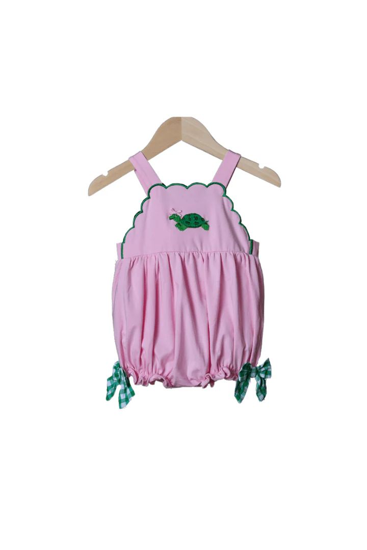 Hand Stitched Turtle Pink/Green Knit Bubble | The Smocked Flamingo